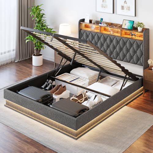 Queen Bed Frame with Storage - Lift Up Queen Size Bed Frame with Headboard, Upholstered Platform Bed with LED Lights & Charging Station