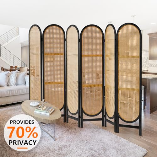 4 Panels Room Divider Wall, Foldable Wooden Room Divider, Individual Privacy Screen Made of Hand-Woven Rattan