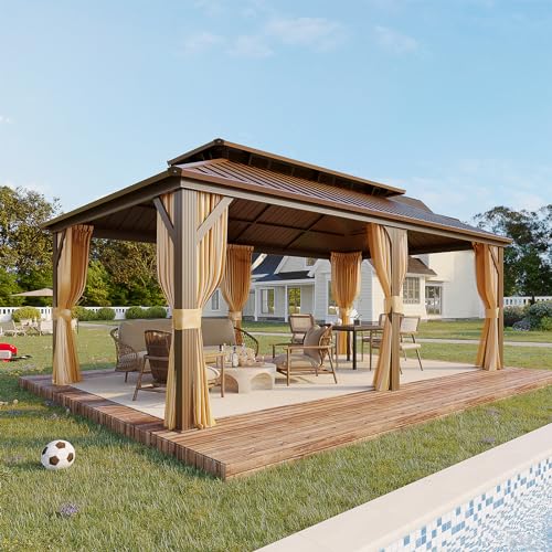 YOLENY 10' x 12' Hardtop Gazebo, Metal Gazebo with Aluminum Frame, Double Galvanized Steel Roof, Curtains and Netting Included
