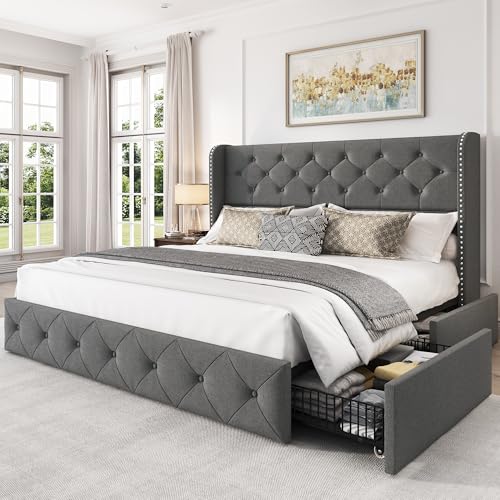 King Size Bed Frame with 4 Storage Drawers and Tufted Headboard Linen Upholstered Platform Bed Frame Wingback Beds with Wooden Slats Support