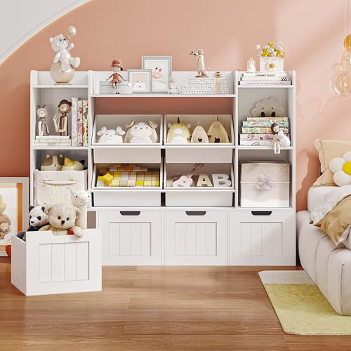 Toy Storage Organizer, Toy Organizer Kids Bookshelf with 4 Movable Drawers and 4 Box Bins, Playroom Organization and Storage for Kids Room