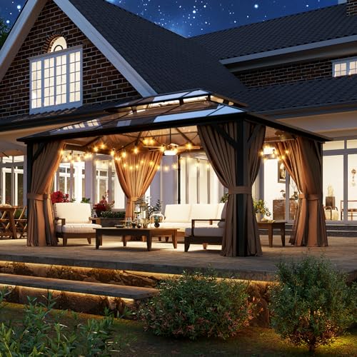 Aoxun 12'x16' Hardtop Gazebo, Aluminum Frame Permanent Pavilion with Netting and Curtains, Outdoor Polycarbonate Double Roof Canopy