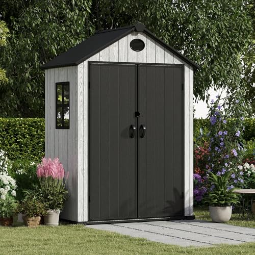 4.4x6 FT Resin Outdoor Storage Shed, 230 Cuft Garden Tool Sheds & Outdoor Storage Plastic Shed with Floor