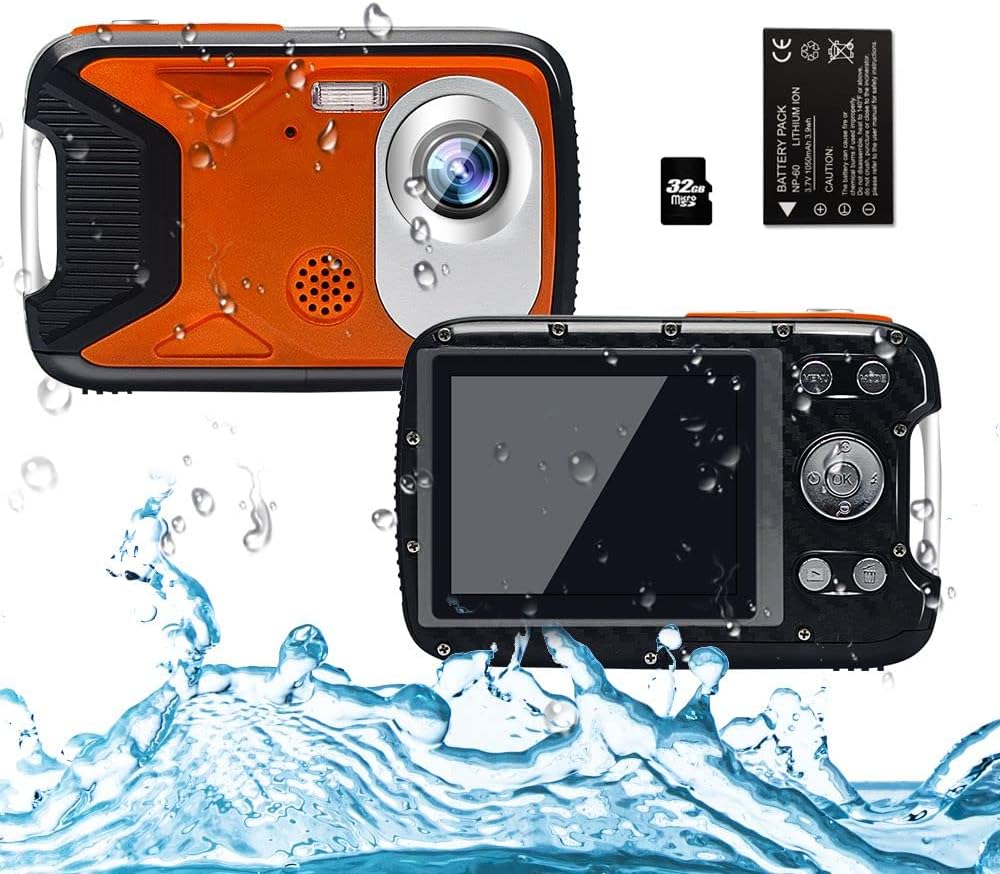 Waterproof Camera 21MP 1080P Underwater Digital Camera with Flash 2.8 Inch LCD, Rechargeable HD Digital Camera (Orange & 32G Card)