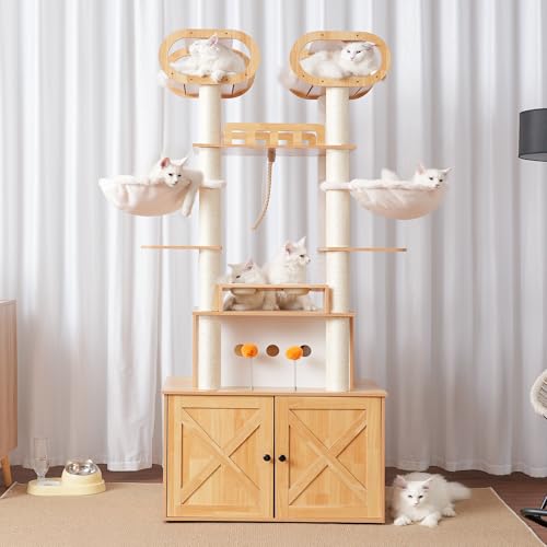 Heybly Cat Tree with Litter Box Enclosure, 76.8-inch Wooden mainecoons Cat Tower with Food Station,Extra Large Platforms