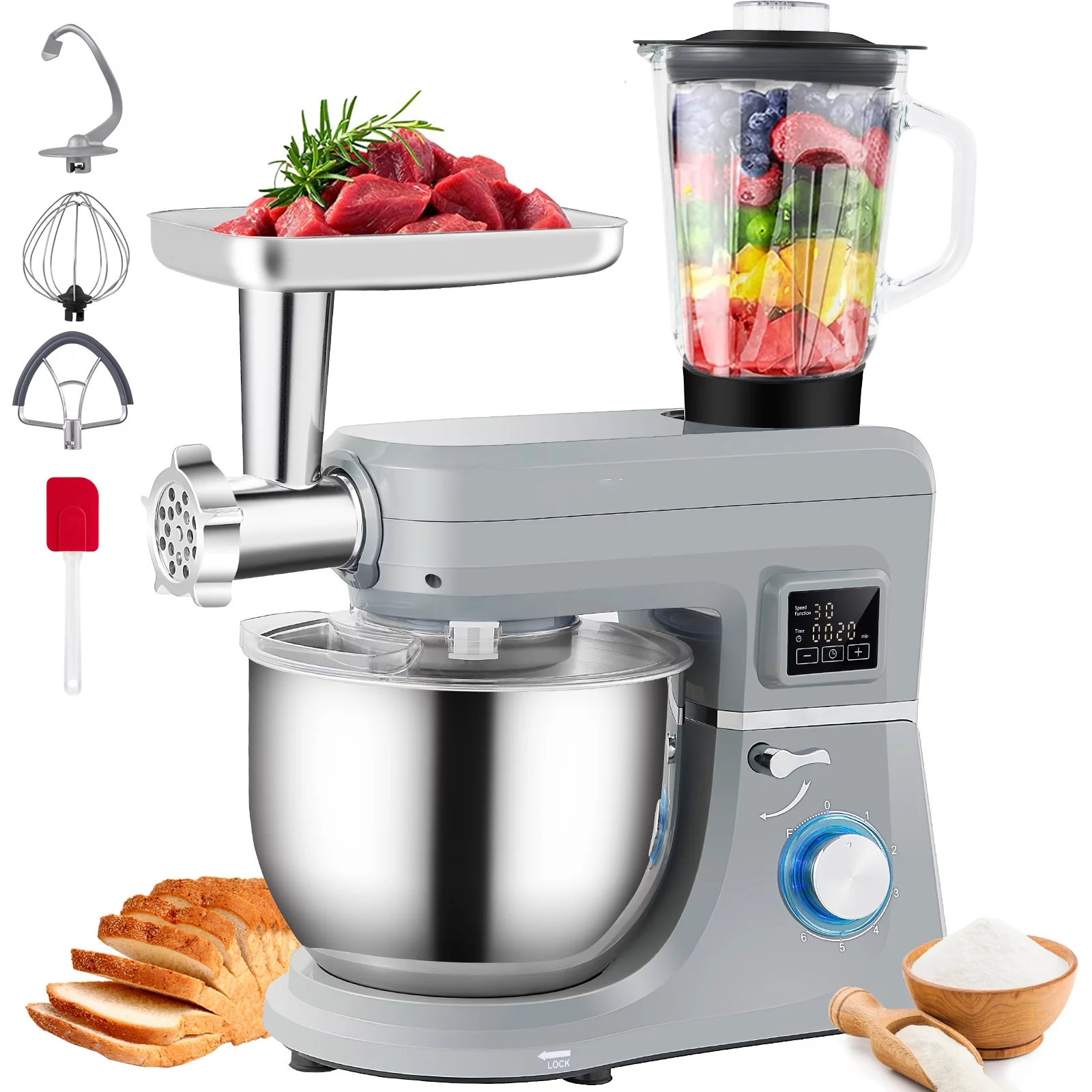 BENTISM Stand Mixer 7.4Qt LCD Screen Timing 6-Speed Dough Mixer w/ Grinder Juicer