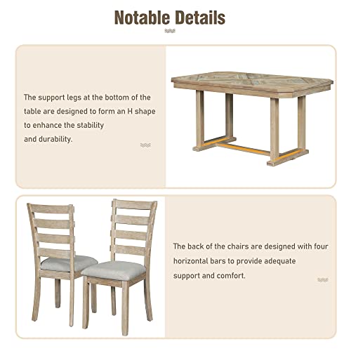 Merax 6-Piece Rubber Wood Dining Table Set with 4 Cushioned Chairs and Bench, Beautiful Grain Pattern Tabletop, Light Gray
