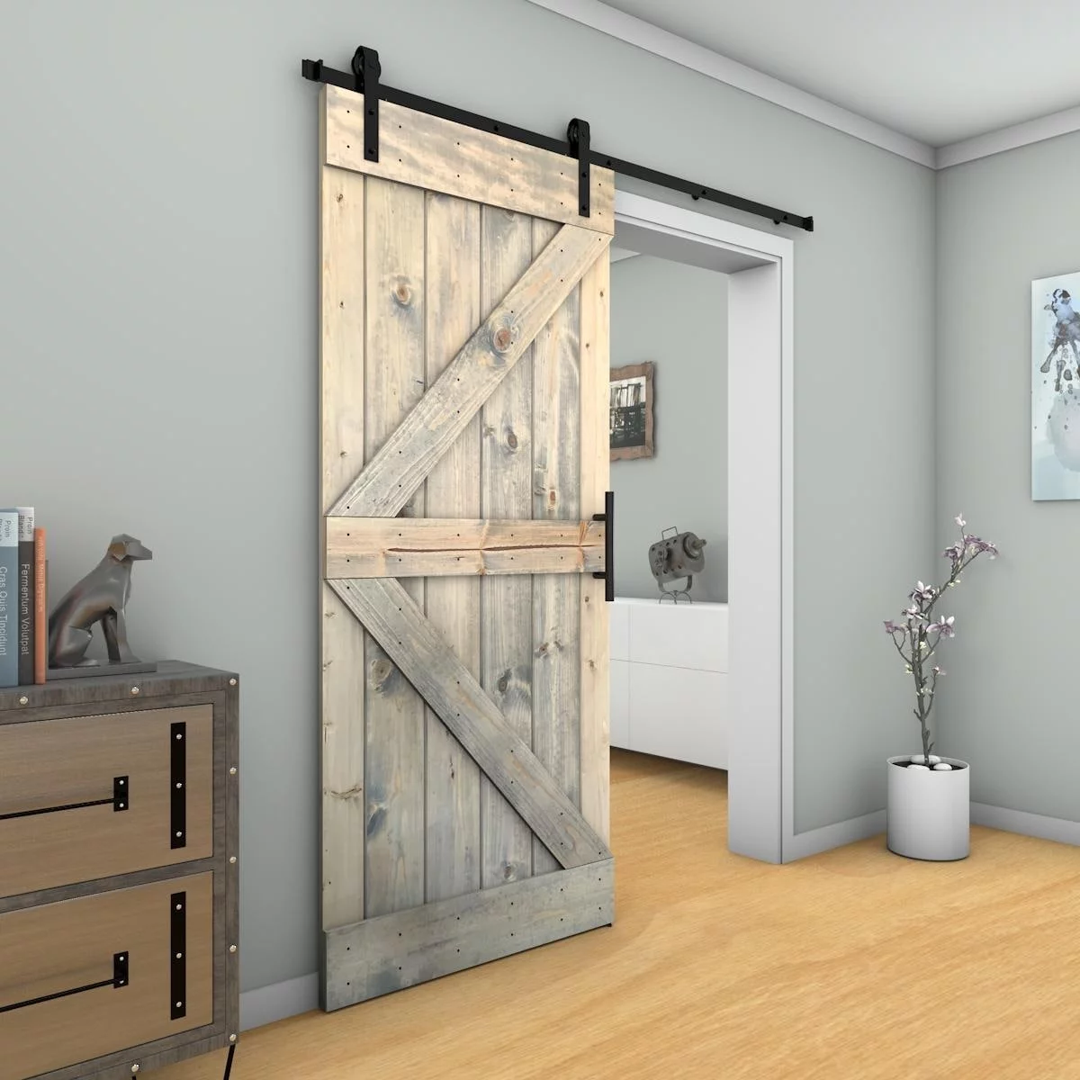 JM Barn Door With Solid Knotty Pine Paneled Wood and Hardware Kit(DIY) Grey Cashmere 36X84
