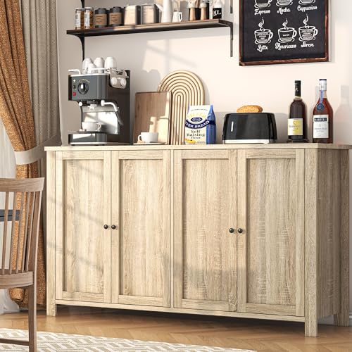 Buffet Cabinet with Storage Farmhouse Buffet Sideboard with 4 Doors, 55'' Large Kitchen Storage Cabinet Wood Coffee Bar Buffet Table for Kitchen