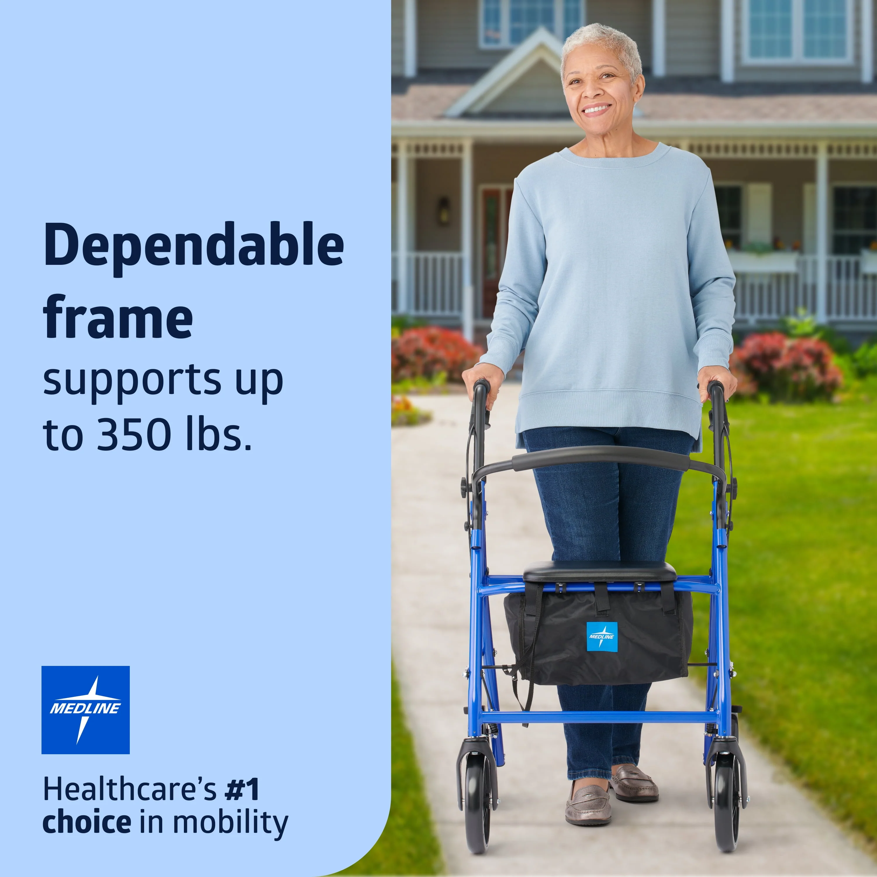 Medline Steel Rollator Walker for Adult, Blue, 350 lb. Weight Capacity, 6” Wheels, Foldable, Adjustable Handles