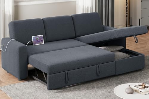 Yaheetech Sectional Sofa L-Shaped Sofa Couch Bed w/Chaise & USB, Reversible Couch Sleeper w/Pull Out Bed & Storage Space Living Room Black