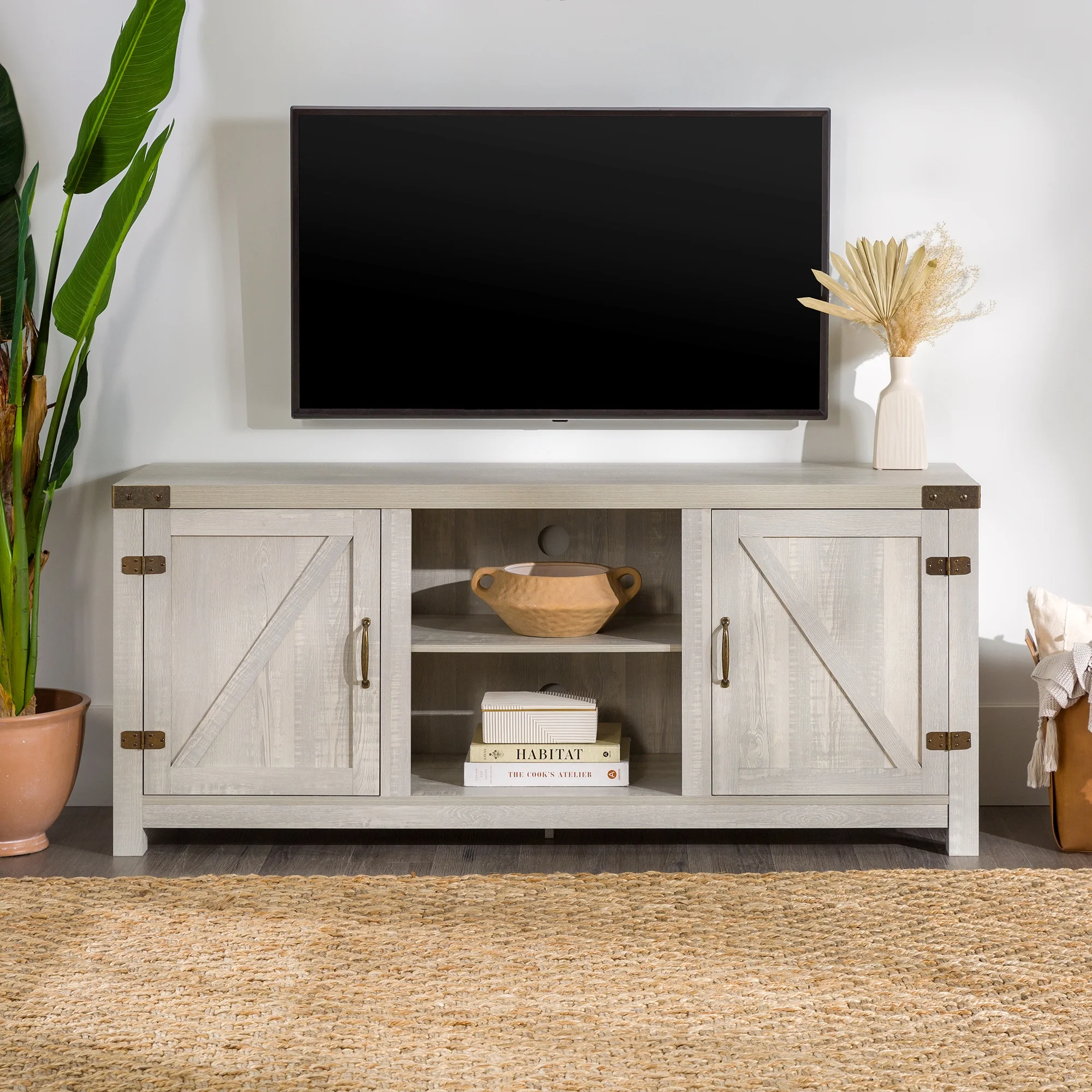 Walker Edison Modern Farmhouse Barn Door TV Stand for TVs up to 65, Grey Wash