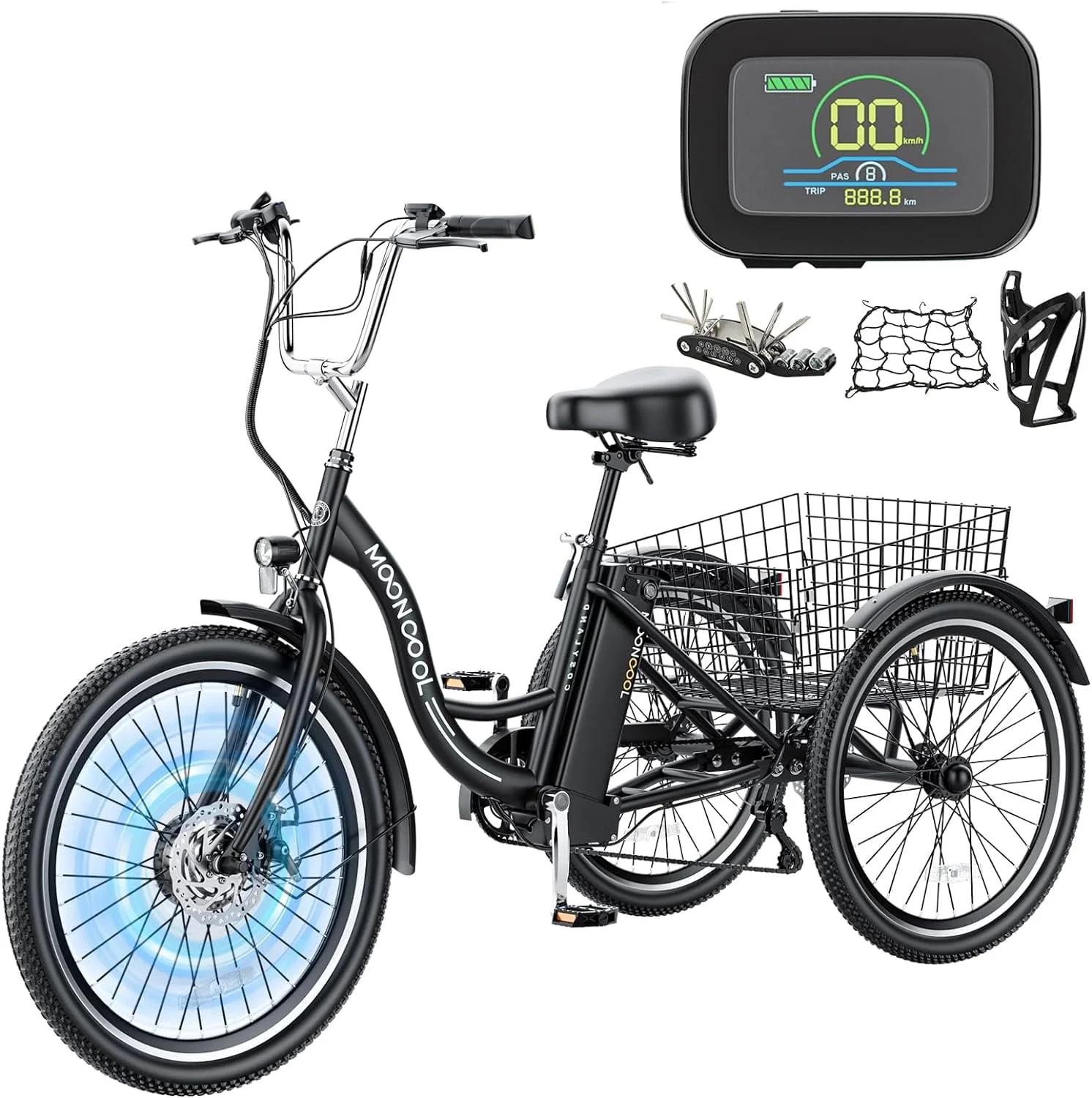 MOONCOOL 350W Motorized Electric Trike, 7 Speed 3 Wheel Electric Bicycle with 36V 14.5Ah Lithium Battery UL Certified