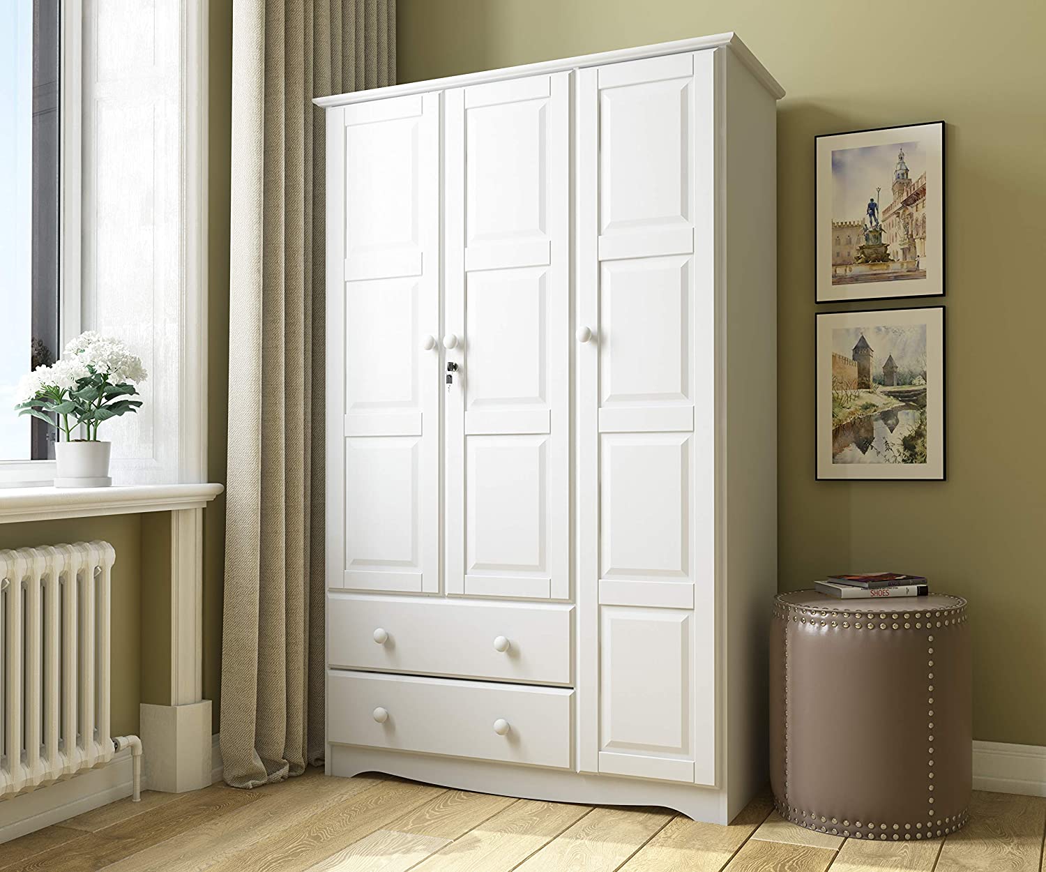 【Furniture】100% Solid Wood Grand Wardrobe/Armoire, 46" x72"x21", with 4 Shelves, 1 Clothing Rod, 2 Drawers, 1 Lock