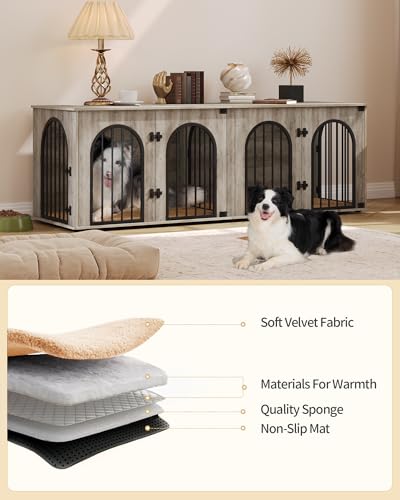71" Dog Crate Furniture for 2 Dogs, Heavy Duty Indoor Dog Kennel TV Stand, XXL Wooden Dog Cage with Divider for Medium Large Dogs