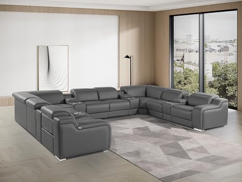 Ibero 12-Piece Italian Leather Sectional Sofa Set with 4 Recliners, Power Adjustable Headrests, USB and Wireless Phone Charger and Console Storage