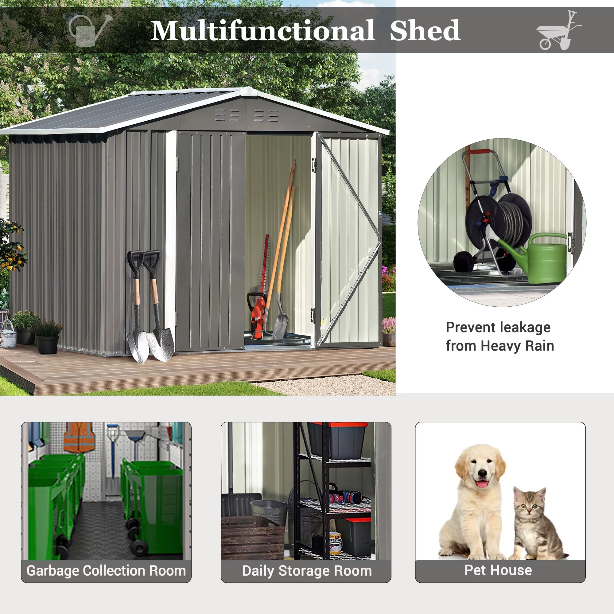 Sesslife 8' x 6' Outdoor Storage Shed, Patio Galvanized Steel Metal Shed with Lockable Doors and Adjustable Shelves