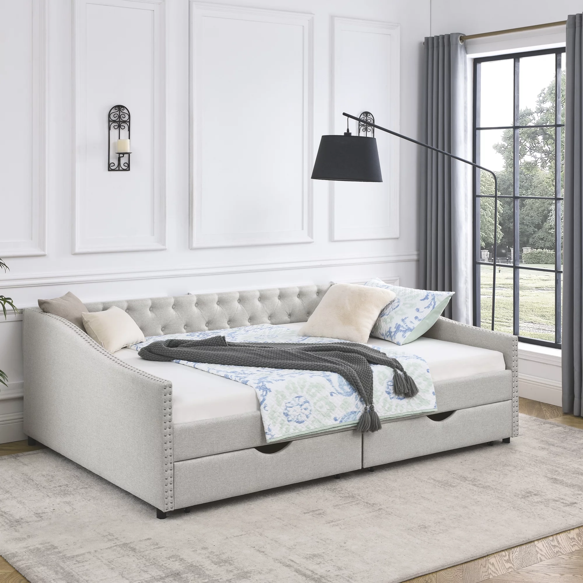 Momspeace Upholstered Daybed with Drawers, Modern Fabric Queen Size Daybed Frame Sofa Bed, No Box Spring Needed, Space Saving - Beige