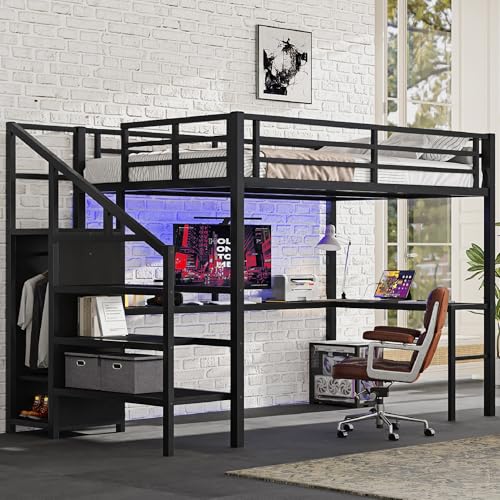 Bellemave Full Size Metal Loft Bed with L Shaped Desk and Wardrobe, Heavy Duty Loft Bed Frame with Storage Stairs