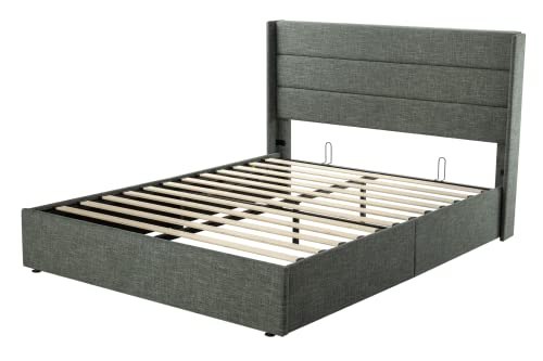 Allewie Full Size Lift Up Storage Bed, Modern Wingback Headboard, Hydraulic Support, No Box Spring Needed, Light Beige