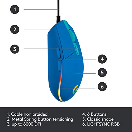 Logitech G203 Wired Gaming Mouse, 8,000 DPI, Rainbow Optical Effect LIGHTSYNC RGB, 6 Programmable Buttons