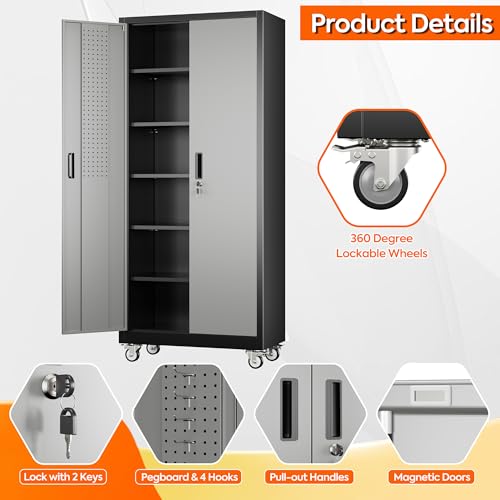 Metal Storage Cabinet with Wheels, 73" H Rolling Garage Cabinets with Locking Doors and Adjustable Shelves for Home Office, Basement, Pantry, Workshop
