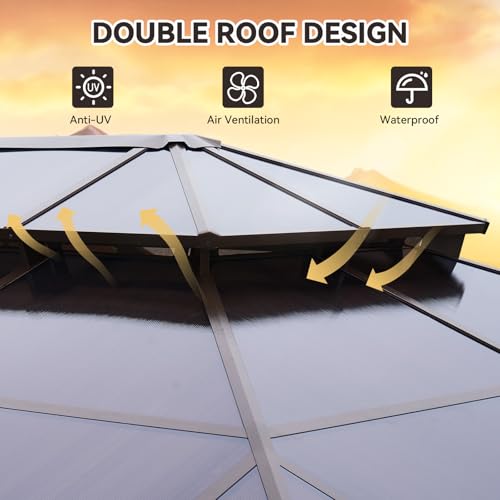 Aoxun 12'x16' Hardtop Gazebo, Aluminum Frame Permanent Pavilion with Netting and Curtains, Outdoor Polycarbonate Double Roof Canopy