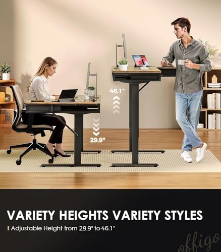 OffiGo 63 Inch L Shaped Electric Standing Desk with Drawers, Height Adjustable Large Desk with Power Outlets, Sit Stand Table