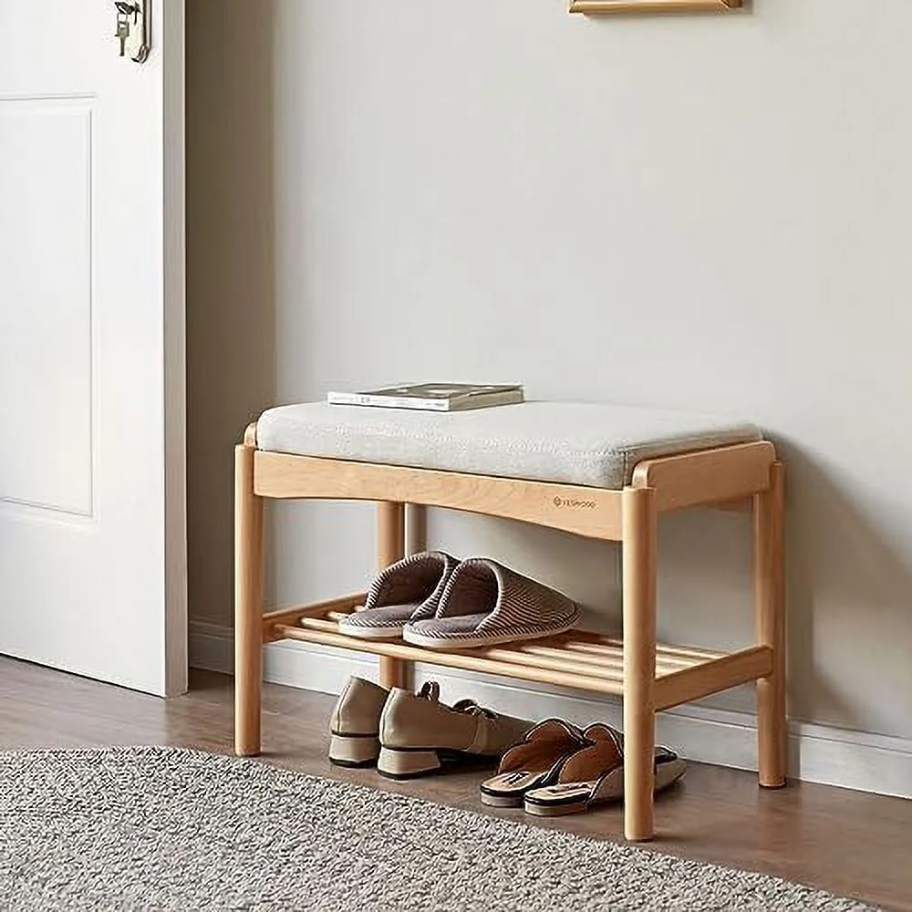 KHBIULIFE Wood Shoe Bench 2-Tier  Bench with Cushion Padded Seat Entryway Bench with Shoe   Small Bench for Entryway Living Room