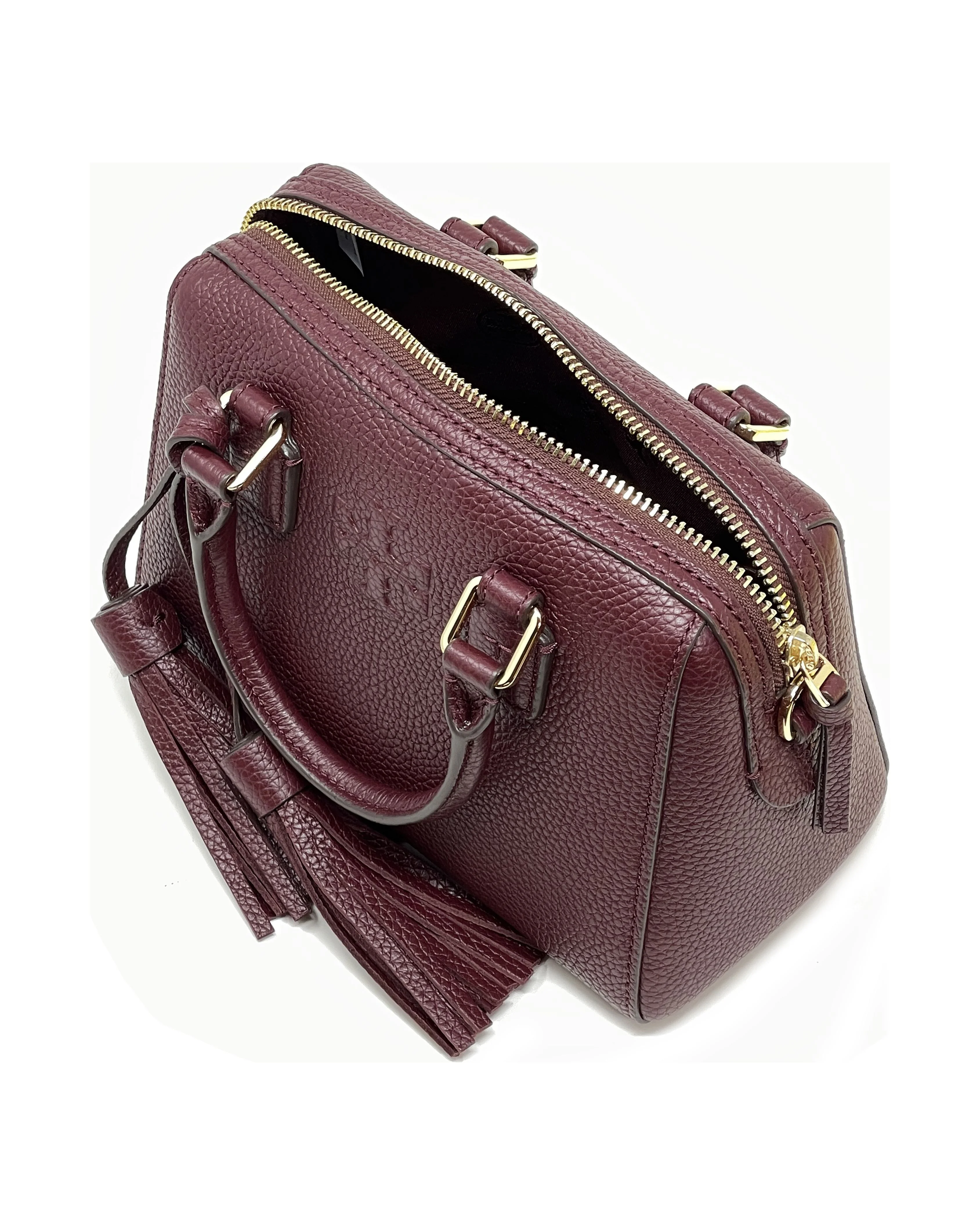 Tory Burch Women's Thea Pebbled Leather Mini Web Satchel (Claret)