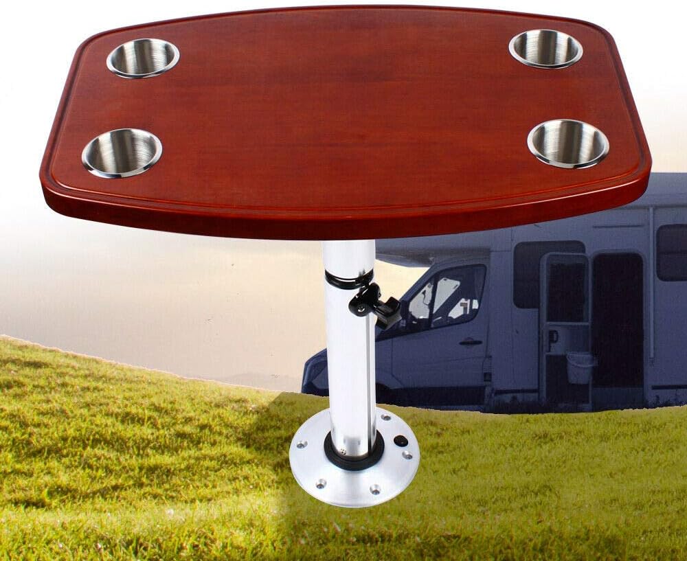 Boat Table, Caravan Motorhome Marine Boat Varnished Oak Table W/4 Cup Holders Adjustable Table Pedestal Stand Base 22-28
