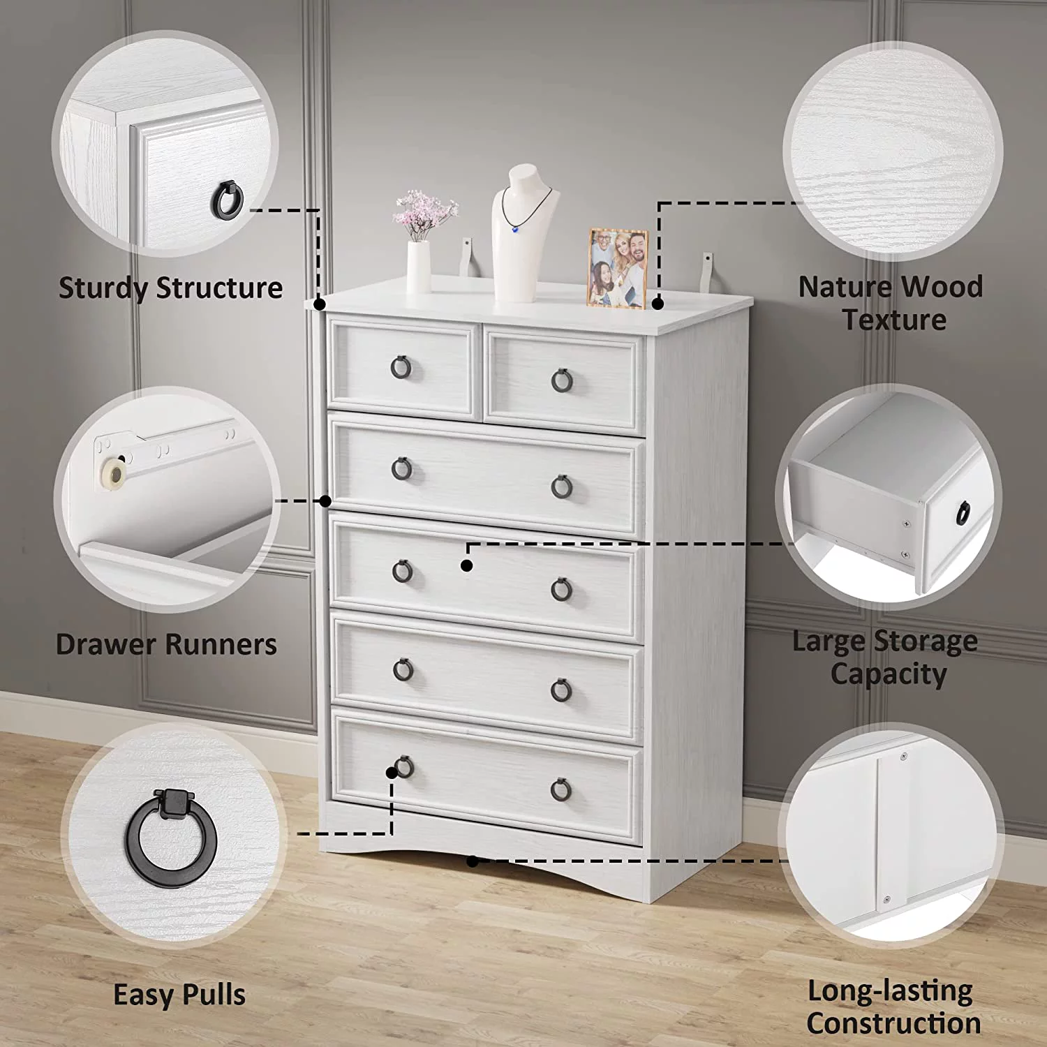 6 Drawer Dresser, White Wood Chest of Drawers Dressers for Bedroom, Living Room