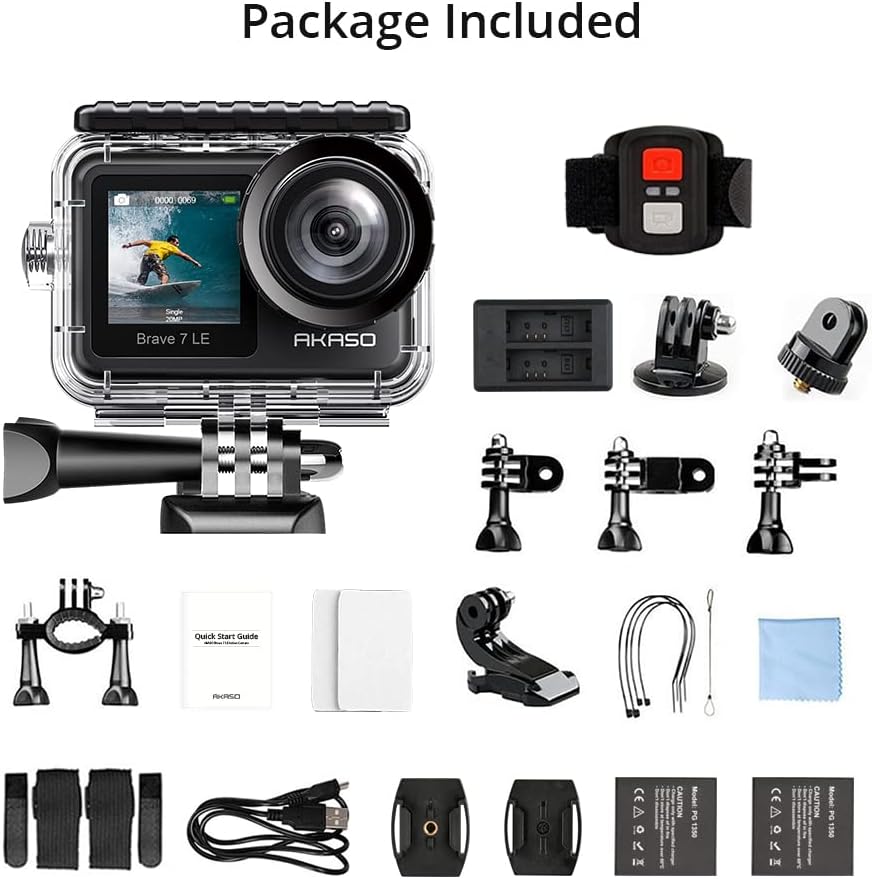 AKASO Brave 7 LE 4K30FPS 20MP WiFi Action Camera with Touch Screen Vlog Camera EIS 2.0 Remote Control 131 Feet Underwater Camera with 2X 1350mAh