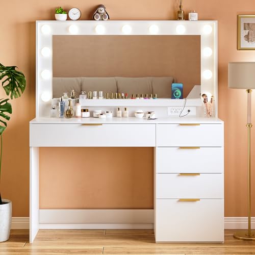 Vanity Desk with Large Mirror and Lights, 45.3in Makeup Vanity with Power Outlet 9 Drawers & Storage, 3 Lighting Color Adjustable
