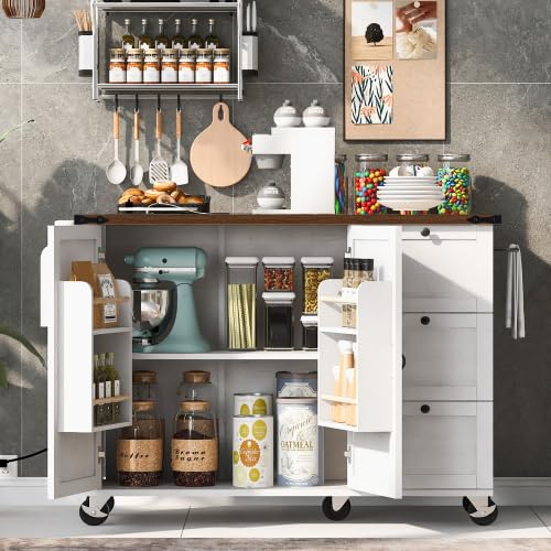 Bellemave Kitchen Island with Storage Cabinet on Wheels, 53.5'' Mobile Kitchen Cart with Power Outlet, Drop Leaf, Spice/Towel Rack and Drawer