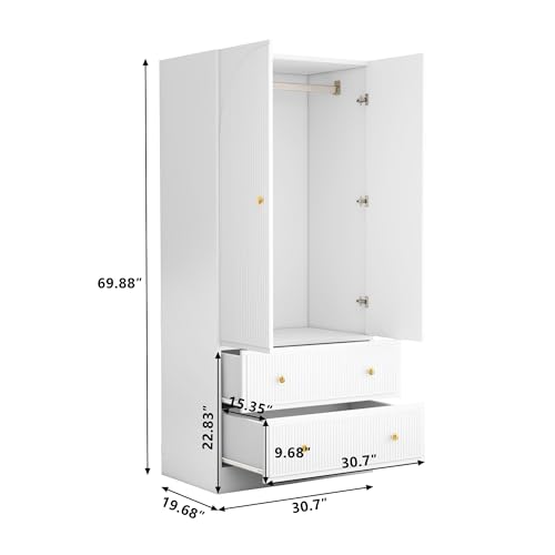 QHITTY Freestanding Bedroom Armoire Wardrobe with 2 Drawers, Bedroom Chest Clothes Storage with Clothing Rod and 2 Storage Doors for Bedroom