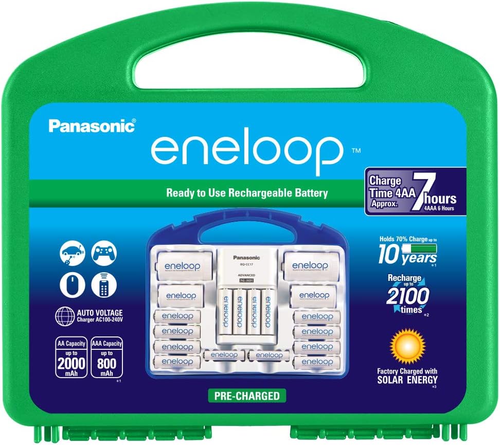 Panasonic K-KJ17MC124A eneloop Super Power Pack 12AA, 4AAA, 2 C Adapters, 2 D Adapters, “Advanced” Individual Battery Charger and Plastic Storage