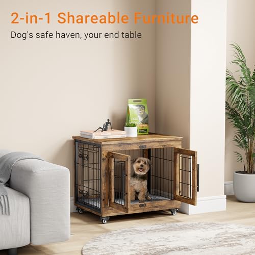Lulive Dog Crate Furniture for Medium Dogs, 32'' Dog Kennel Indoor with Cushion & Wheels Wooden Dog Cage Double Doors Dog Crate End Table, Grey