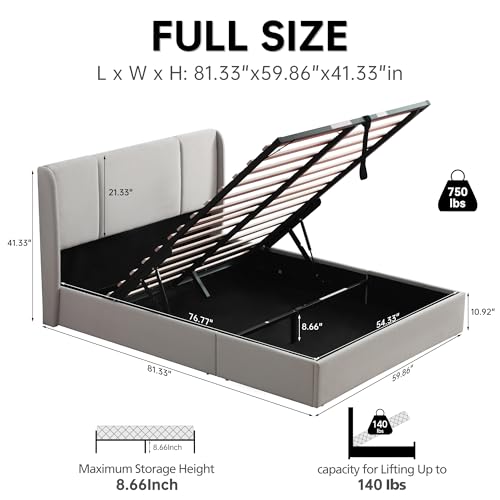 VELOCAVA Queen Size Lift Up Storage Bed with Modern Wingback Headboard, Upholstered Platform Bed with Fabric with Hydraulic Support Bars