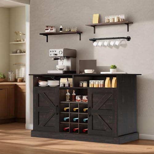 YITAHOME Buffet Cabinet, 47" Farmhouse Coffee Bar with Power Outlet, Floating Shelves