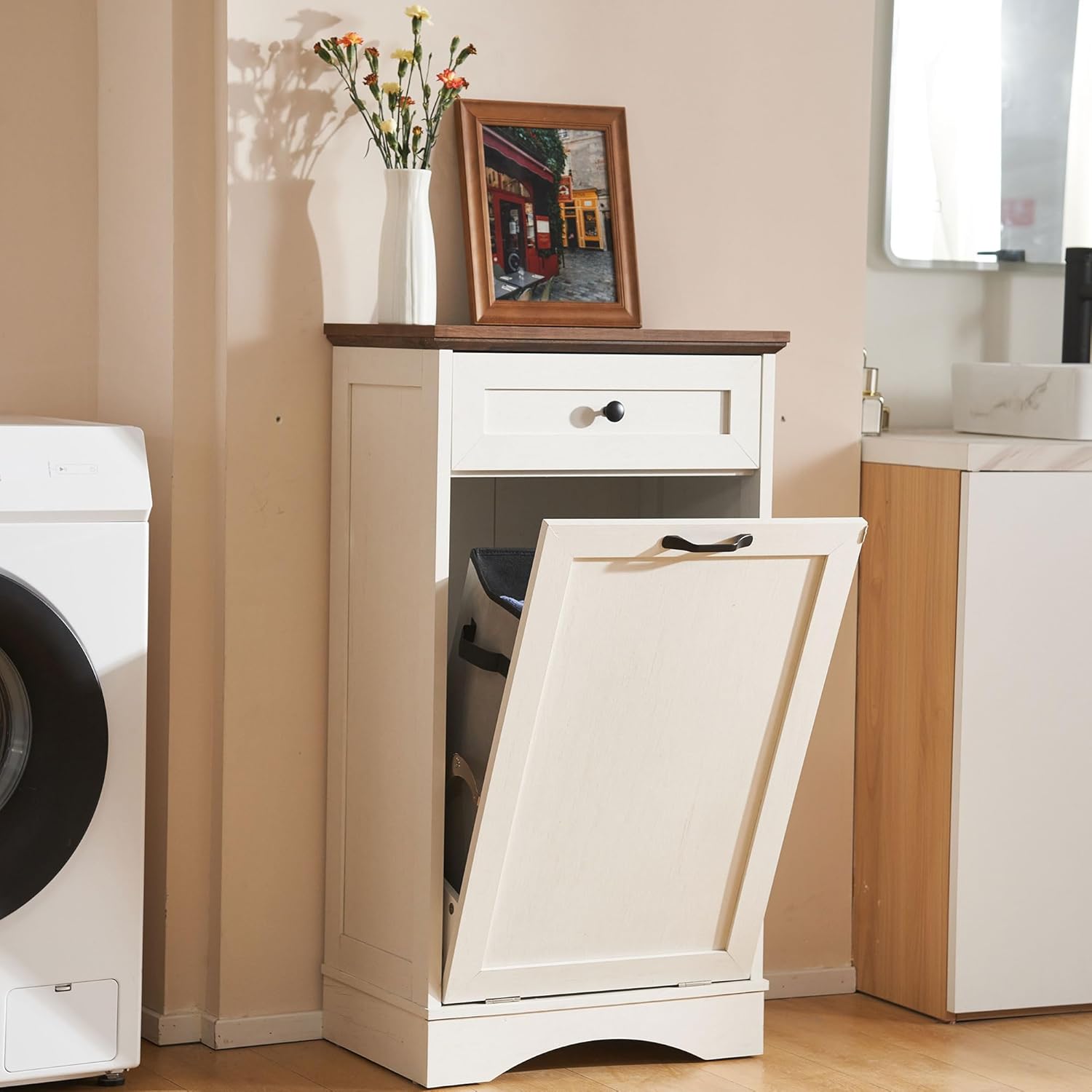 13 Gallon Tilt Out Trash Cabinet with Drawer Wood Hidden Kitchen Recycling Cabinet Free Standing Pet Proof Trash Can Laundry Cabinet for Kitchen