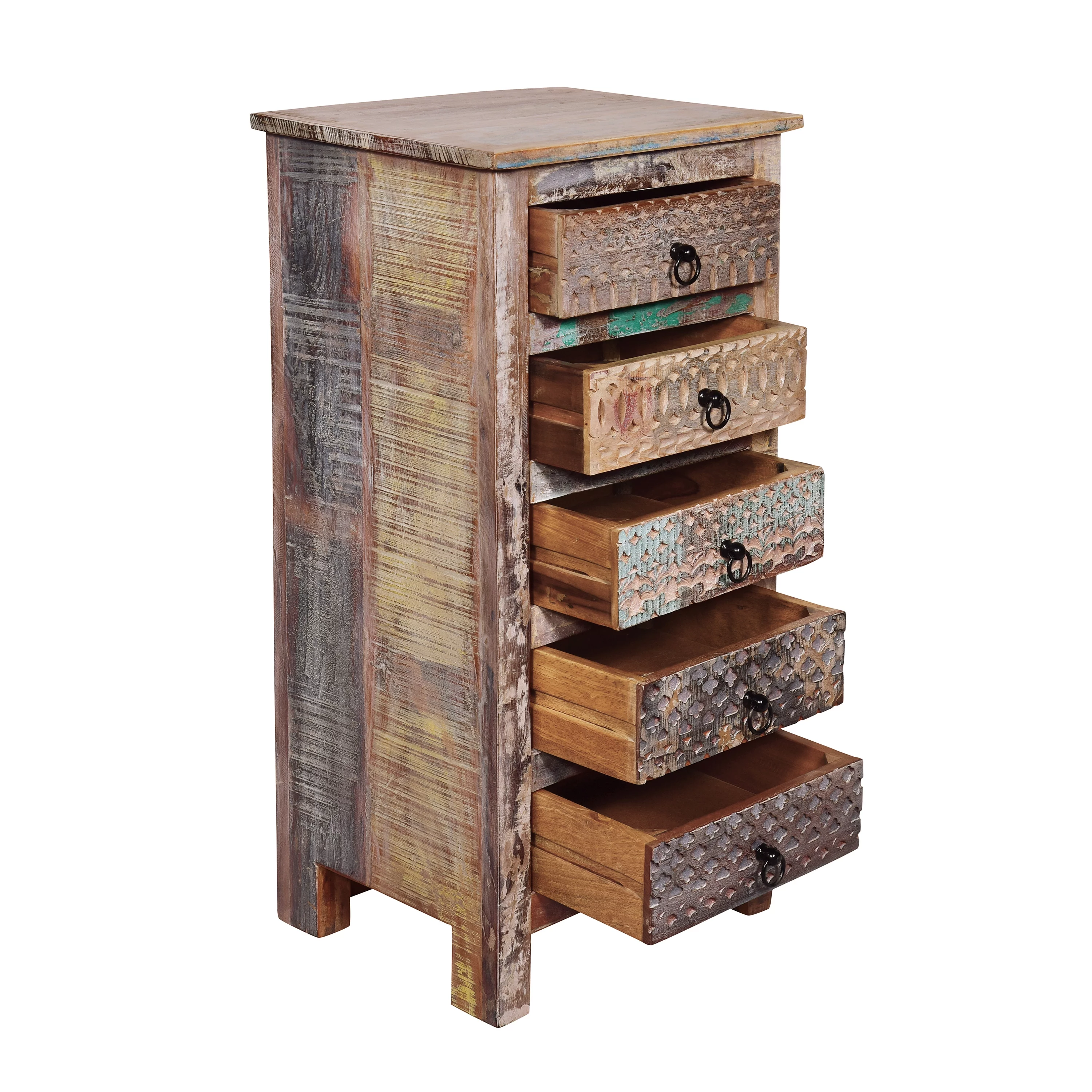 GDF Studio Willards Boho Handmade Wood 5 Drawer Chest, Multicolored and Natural