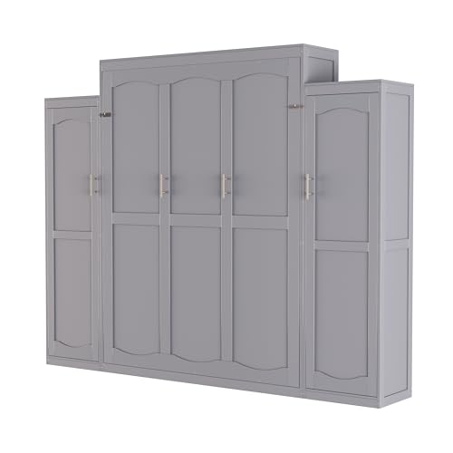Harper & Bright Designs Full Size Murphy Bed, Wood Full Wall Bed with Two Closets and Storage Shelf