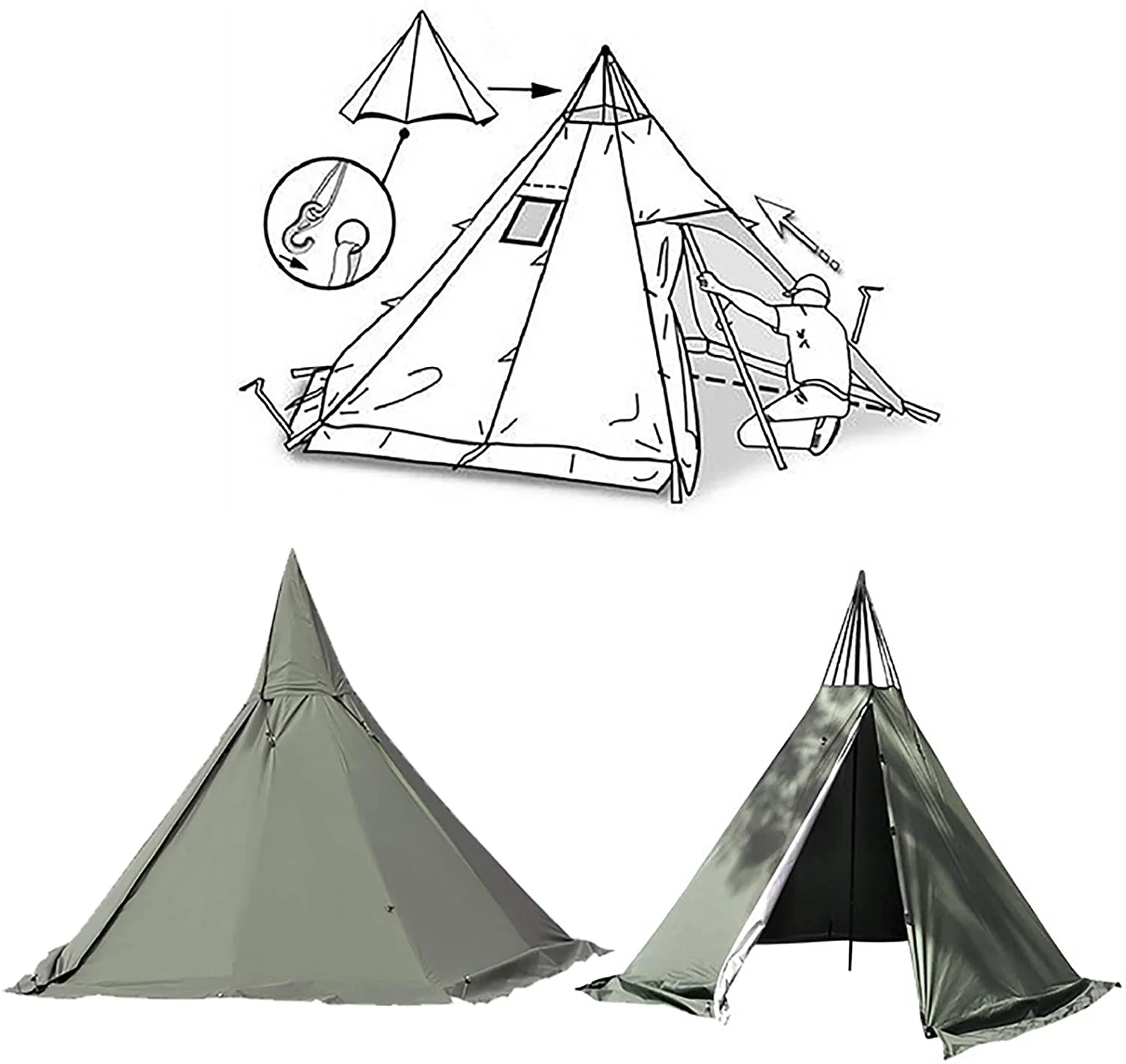 Fichiouy Tent Camping Teepee Tent 4 Season 2 Doors Hike Waterproof Tent Outdoor Reathable