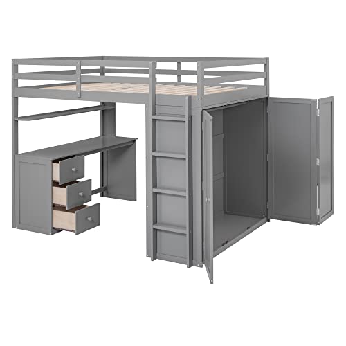 Harper & Bright Designs Full Loft Bed with Desk and Wardrobe,Solid Wood Loft Bed Frame Full with Storage Drawers for Kids Teens Adults