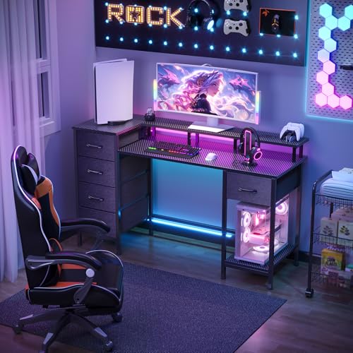 47 Inch Computer Gaming Desk with Power Outlets LED Lights Reversible Home Office with Adjustable Fabric Storage Drawers for Working Writing Study