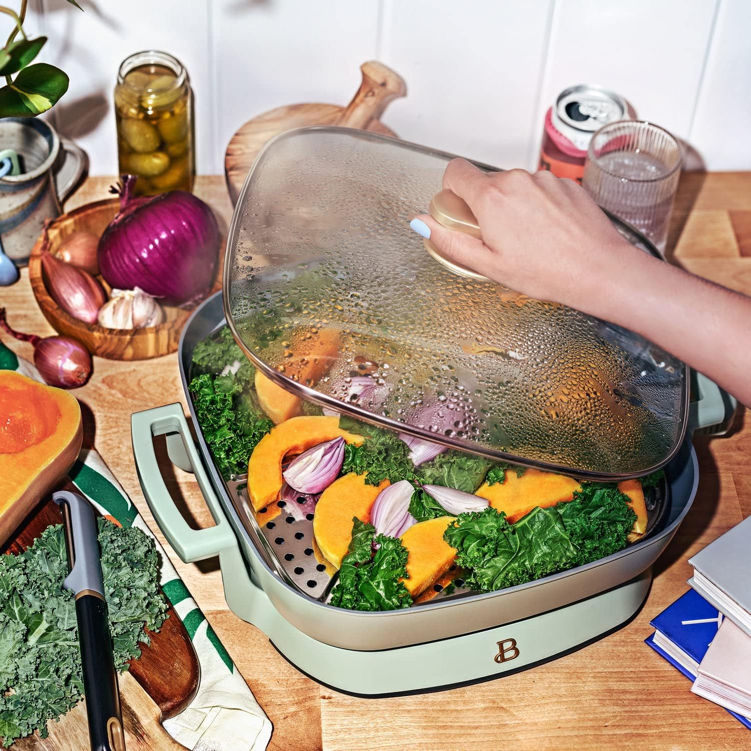 5-in-1 Electric Expandable Skillet, Sage Green by Drew Barrymore, Up to 7 QT