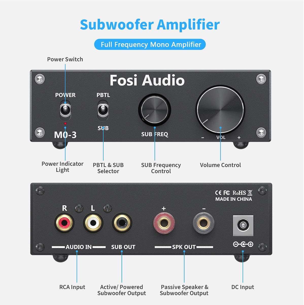 Fosi Audio M03 Subwoofer Amplifier 200 Watt Mini Mono Audio Amp Full-Frequency and Sub Bass Switchable Amplifier One Channel Home Theater Single