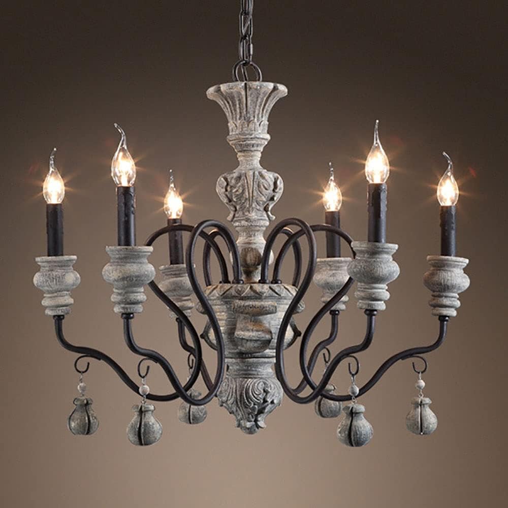 French Rustic Farmhouse Candle Chandelier, 6-Lights Chic Dining Room Lighting Hanging, Kitchen Island Light, Industrial Iron Chandeliers for Foyer