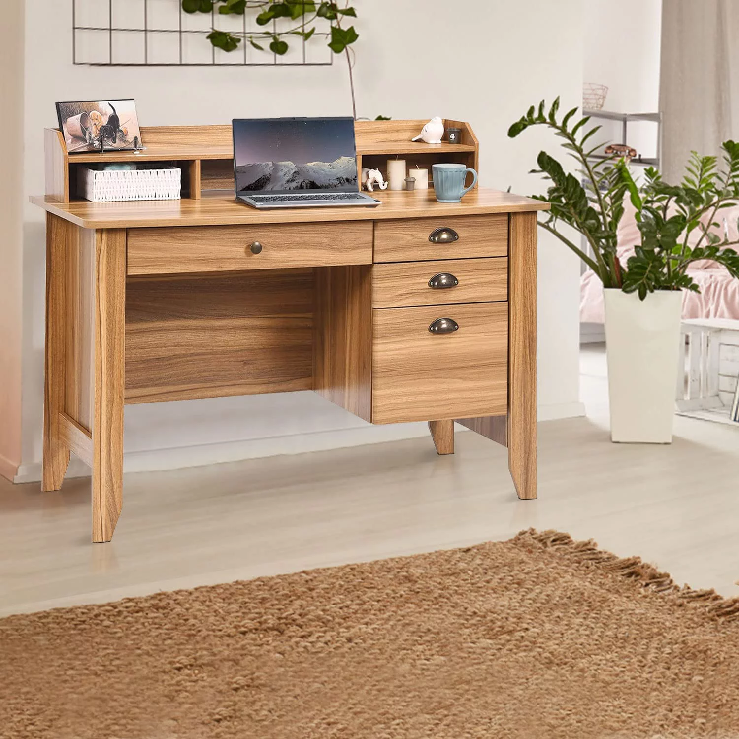 Catrimown Computer Desk, 47.5 in Wood Home Office Desk with Hutch and 4 Drawers, Monitor Stand, Rustic Brown